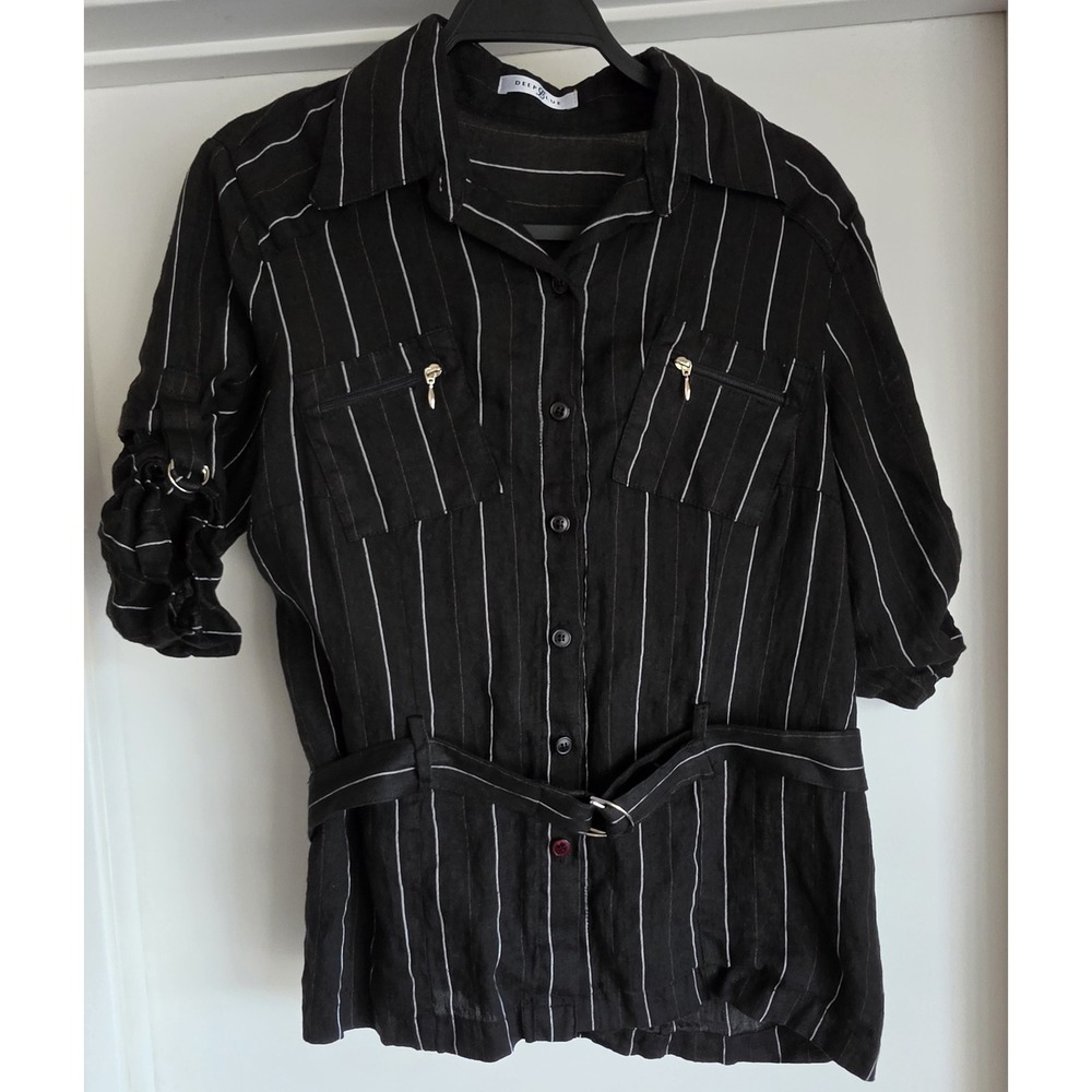 Deep Blue Linen Belted Top Size 44/ US M Black Striped Made in Italy Breathable